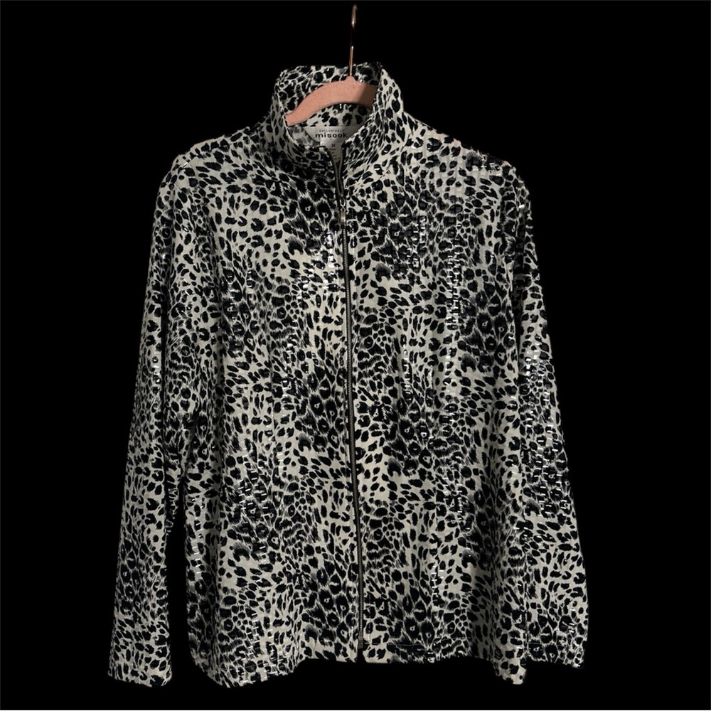Exclusively Misook Womens M Leopard Sequin Paillette Zip Up Jacket Vintage Korea
